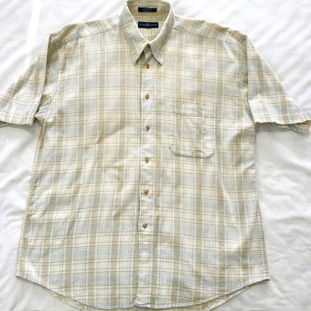 Chereskin Mens Shirt Large Short Sleeves Button Down 100% Cotton Light Plaid rea